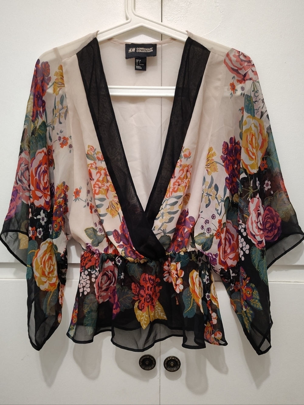 H&M Conscious Floral Kimono Peplum Blouse Sheer Chiffon Size 4 Boho